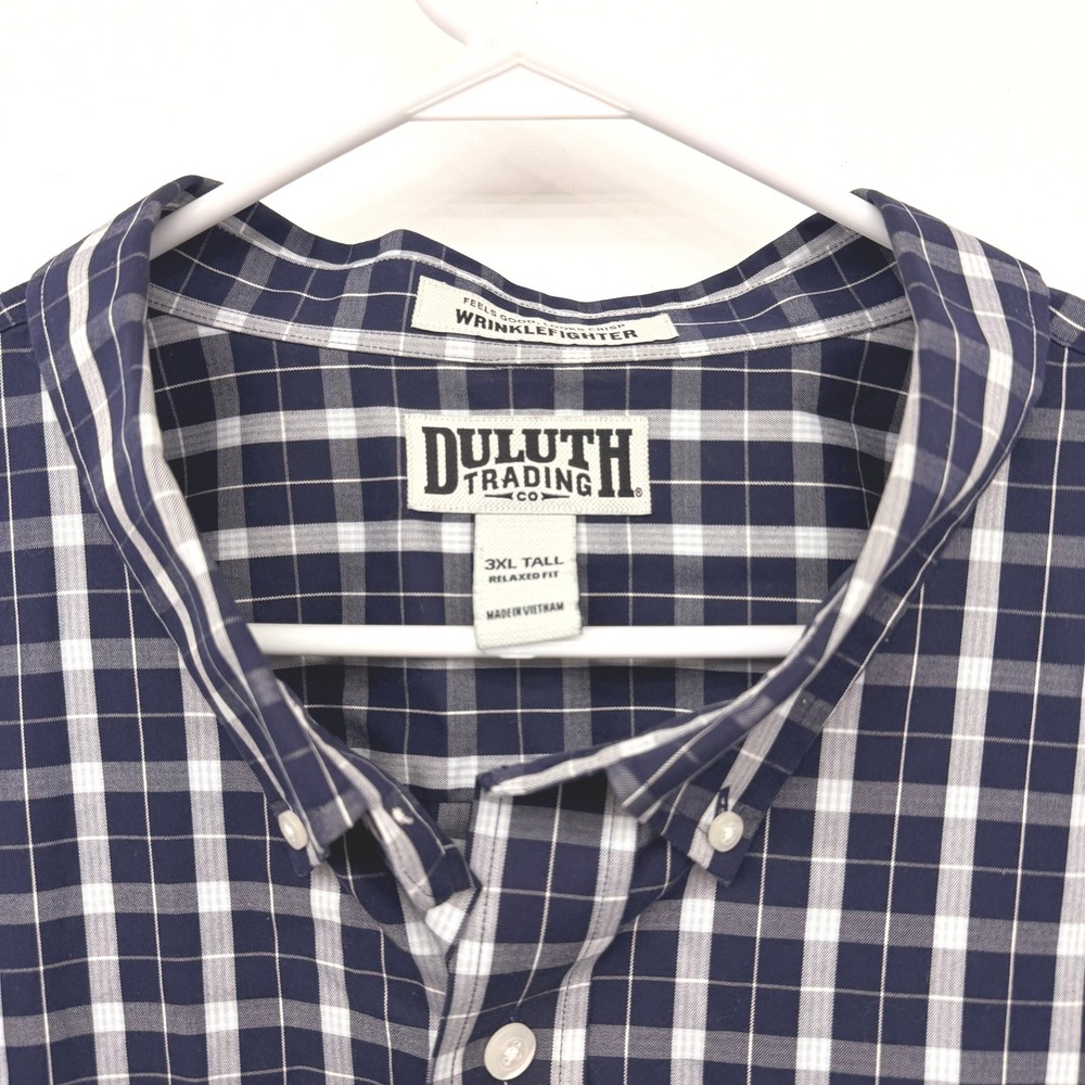 Duluth Trading Co Wrinklefighter Shirt Men 3XL Tall Relaxed Fit Blue Plaid Check
